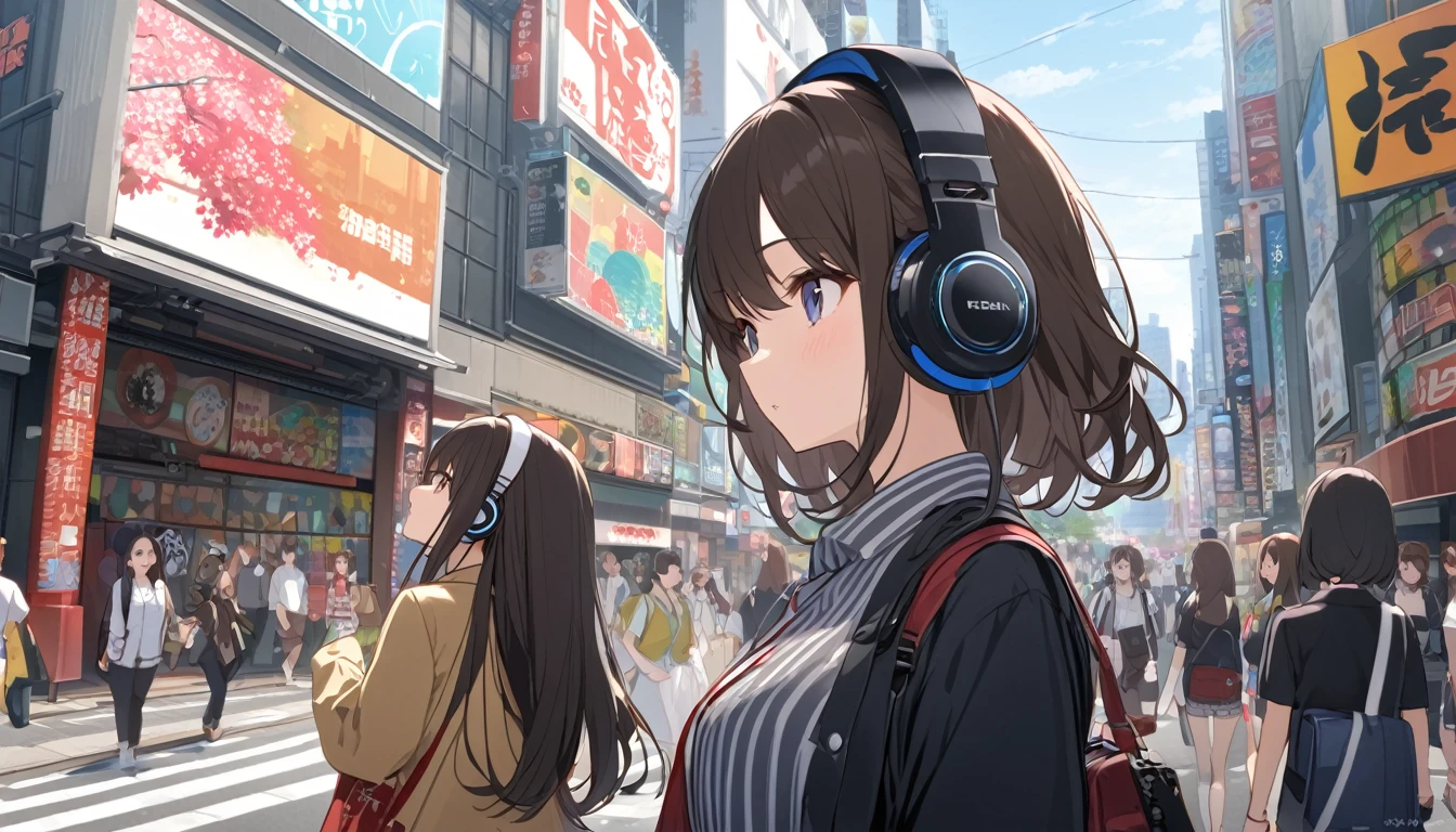 Sightseeing in Akihabara, Tokyo、Dark haired woman in headphones,Streetscape、listen to music、Japanese