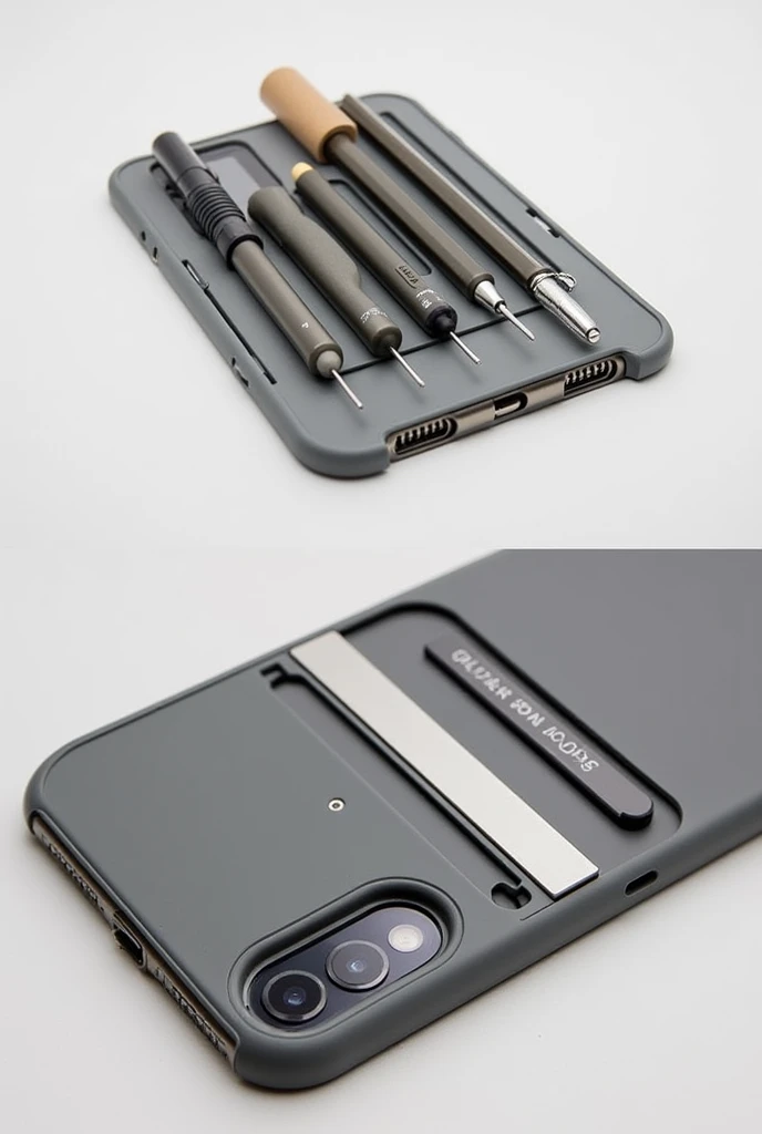 Phone case with removable pen, pencil, eraser and ruler