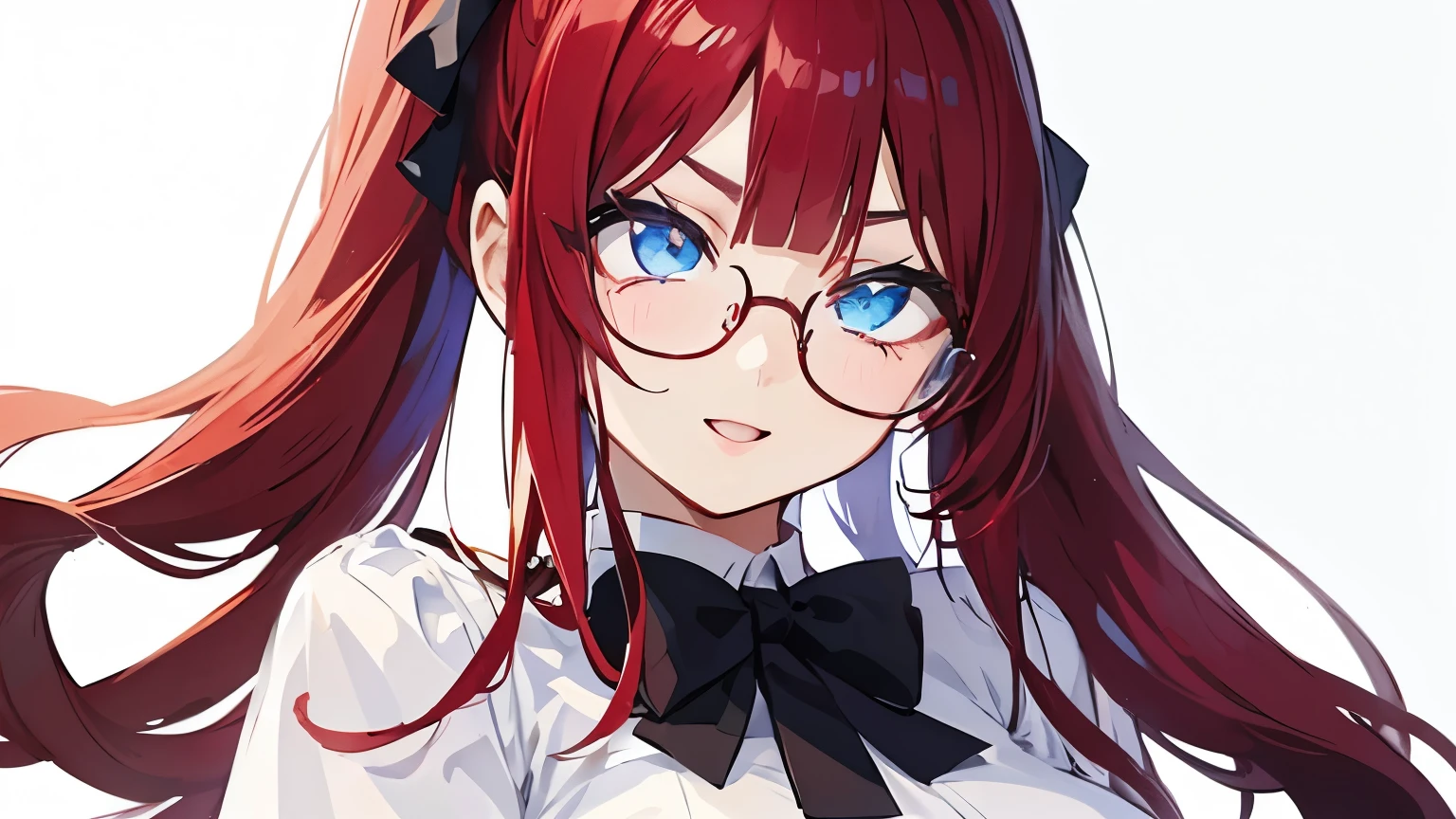 smile、Glasses、Bright Red Hair、Blue Eyes、Twin tails、Hair between the eyebrows、Straight Hair、blunt bangs、White shirt、White shirt、Black bow tie、Big Breasts、super fine illustration,(((beautiful fine hair))),(((beautiful fine face))),(((beautiful fine background))),