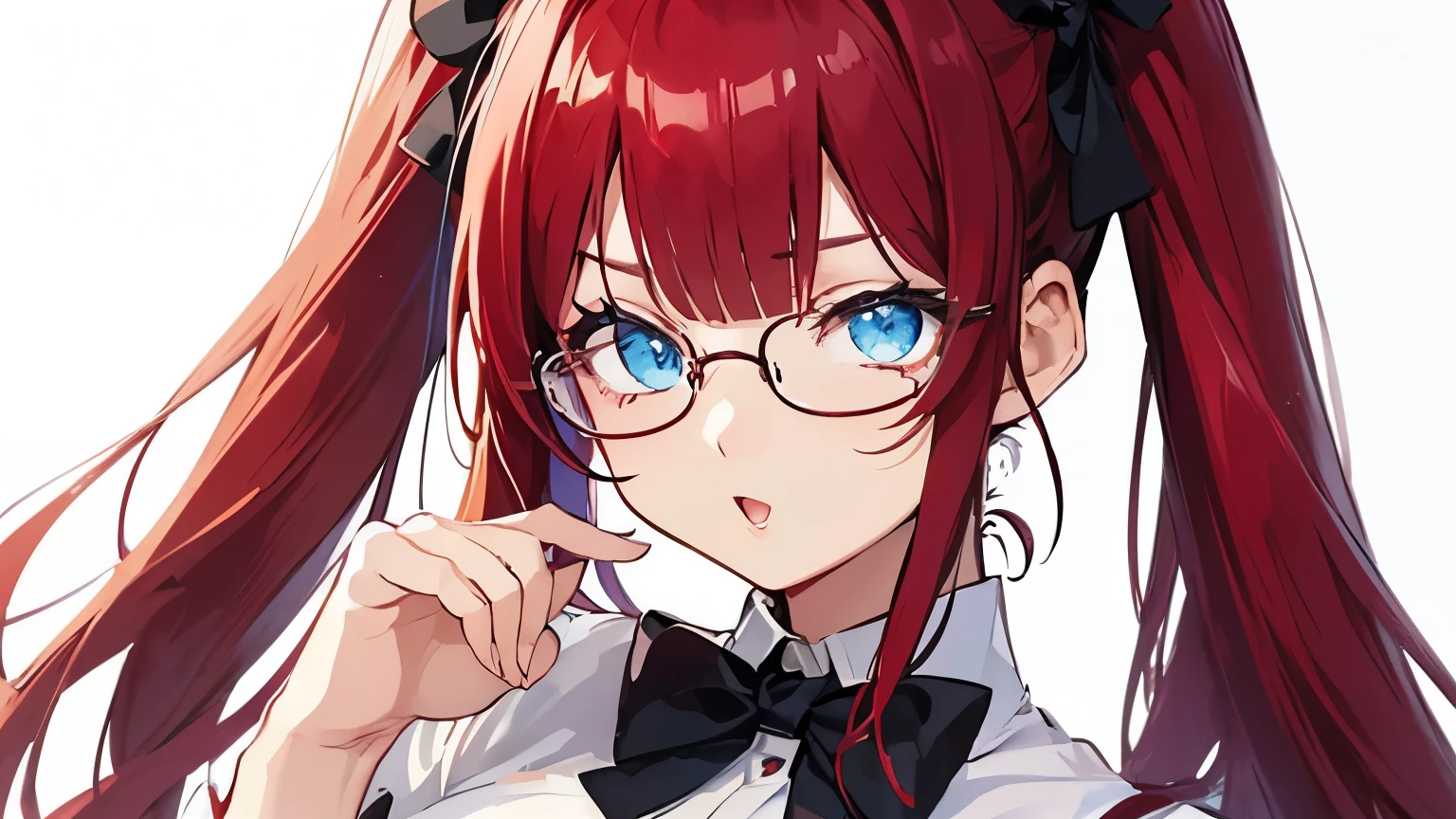 smile、Glasses、Bright Red Hair、Blue Eyes、Twin tails、Hair between the eyebrows、Straight Hair、blunt bangs、White shirt、White shirt、Black bow tie、Big Breasts、super fine illustration,(((beautiful fine hair))),(((beautiful fine face))),(((beautiful fine background))),