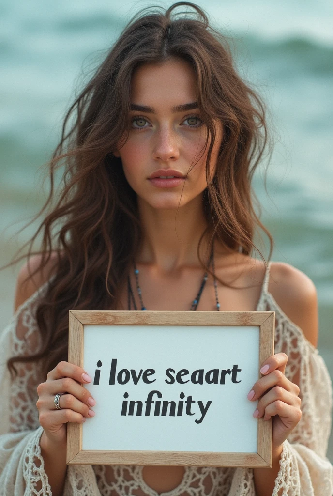 Beautiful girl with wavy long hair, bohemian dress, holding a white board with text "I Love Seaart Infinity" and showing it to the viewer