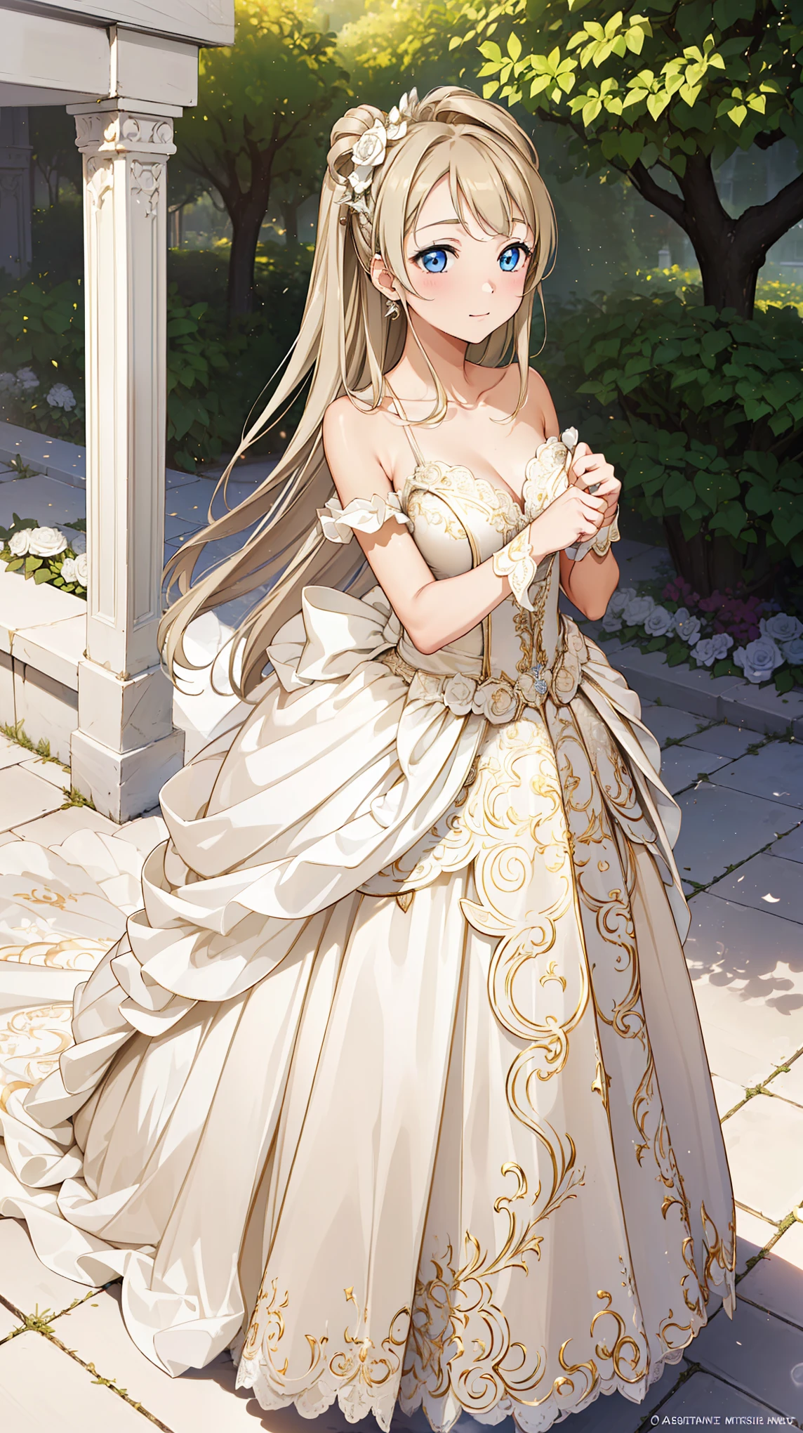 (masterpiece, best quality, beautiful and aesthetic:1.3),1 girl, solitary, A faint smile, (cosmetic, Long hair, Light Beige Hair, blue eyes:1.2), Octane Rendering, Wedding dress, Lace-trimmed dress, transparent, Wedding dress, outdoor, White Rose, garden, morning, eternal, Extremely detailed,Charm