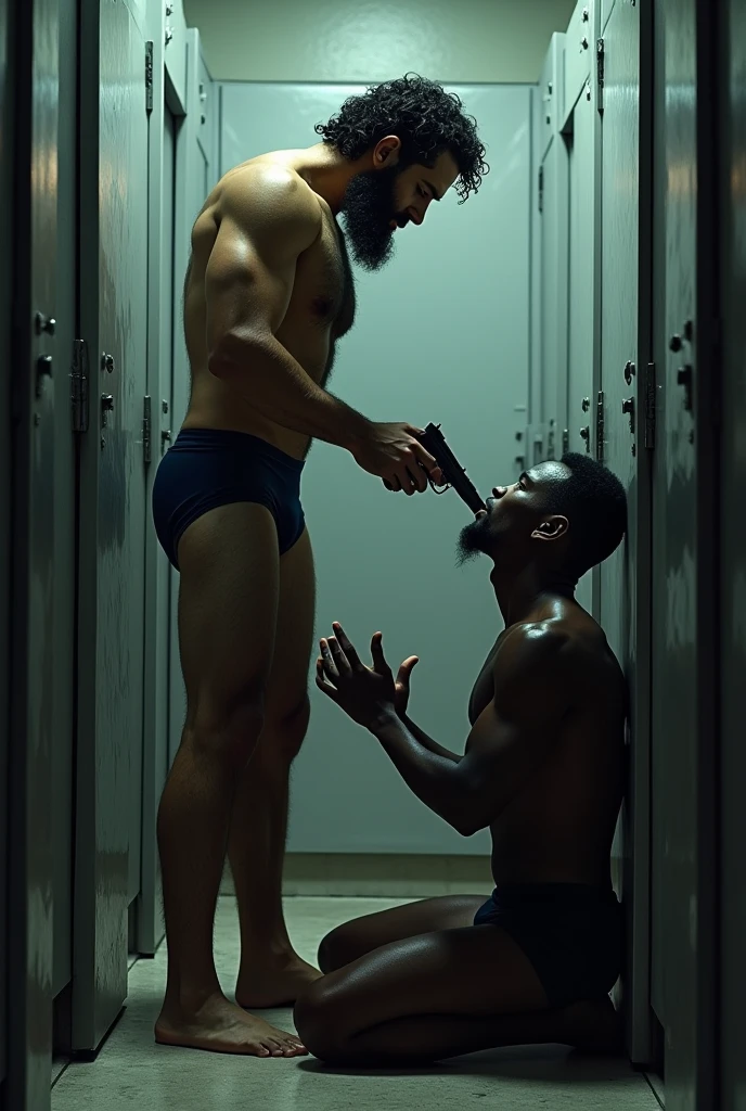 Mixed race police officer, stark, bearded, hairy man in navy blue underwear pointing a pistol at another black man on his knees, inside a public bathroom surrounded by men.