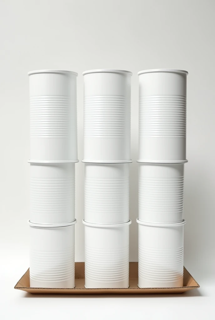 12 white tin cans together, cardboard tray