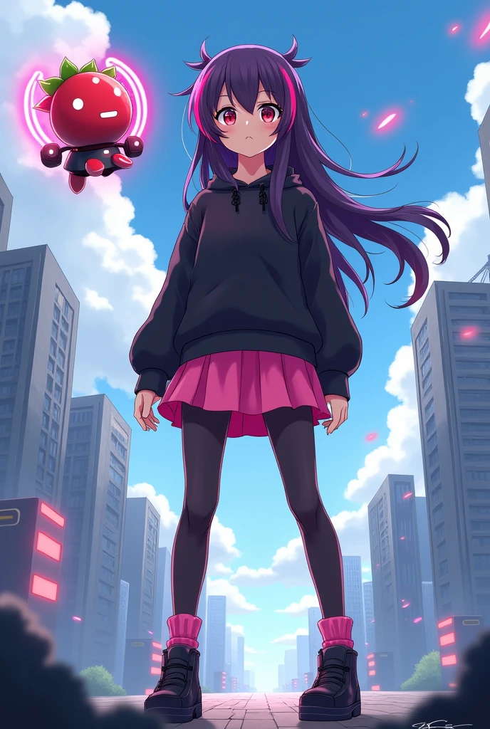 anime poster a girl with dark purple hair and two pink streaks on her bangs, wearing a black sweatshirt, a short pink skirt and black leggings, pink socks and black shoes is standing against the background of a futuristic city, a small strawberry-shaped robot is flying next to her in his hand he holds a pink-red energy blade above it I find the inscription "Anime Legends: The Last Knight".