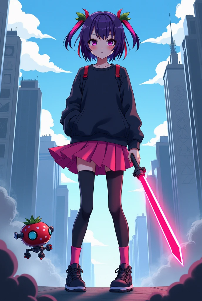 anime poster a girl with dark purple hair and two pink streaks on her bangs, wearing a black sweatshirt, a short pink skirt and black leggings, pink socks and black shoes is standing against the background of a futuristic city, a small strawberry-shaped robot is flying next to her in his hand he holds a pink-red energy blade above it I find the inscription "Anime Legends: The Last Knight".
