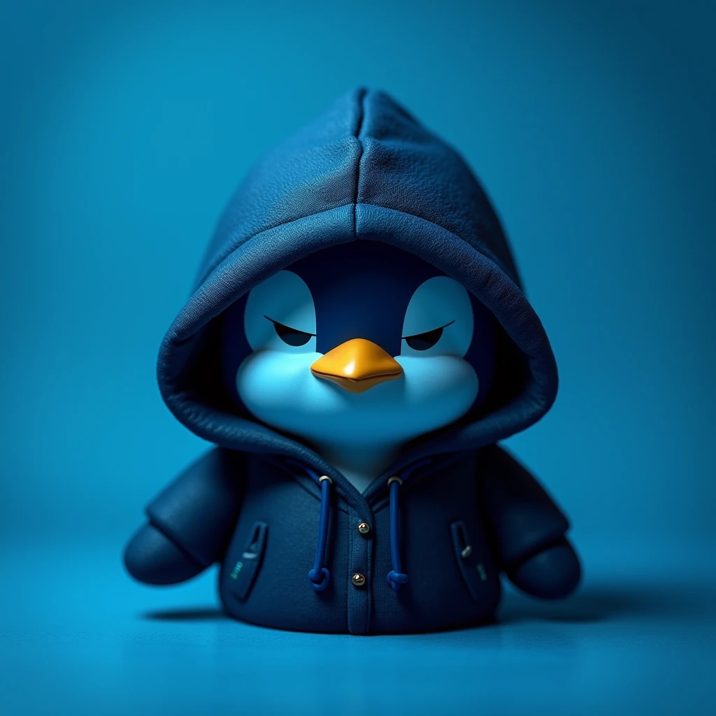 Resistance penguin coin , black hoodie , blue penguin , blue background , cute , eyes closed , mysterious , head bowed , only head , angry face