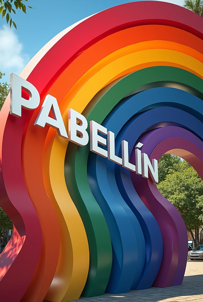 Draw the word PABELLON with white capital letters and in the shape of a rainbow with the Venezuelan flag behind it
