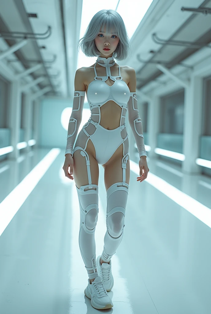 A full body photograph of Japanese female android made of transparent glass, white and silver plastic, geisha makeup and hairstyle, silver metal internal mechanisms, dynamic pose, flowing organic construction, detailed designs, glowing colorful circuitry, colorful neon trim, art by H.R. Giger, Greg Rutowski