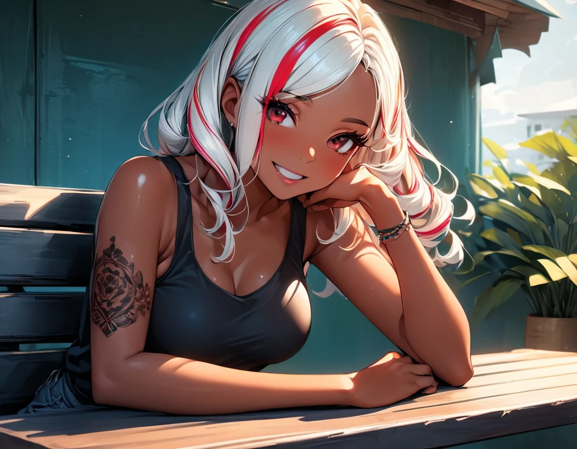 (highest quality:1.2, Very detailed, up to date, Vibrant, Ultra-high resolution, High Contrast, masterpiece:1.2, highest quality, Best aesthetics), Portraiture、girl、singer, solo, ((25-years-old:1)), Bright colors, Beautiful fine details、Beautiful lip detail、medium wave hair、red and white ((streaked hair:1.6)), highlights hair: 1.5, red eyes, slim body, medium breast, (tan skin:1.1), (Floral Fineline tattoo design on left arm:1), tank top, jeans, drink tropical cocktail, sitting at the table, (happy:1.6), terrace seat in beachside cafe, sunshine, ((upper body:1.5))
