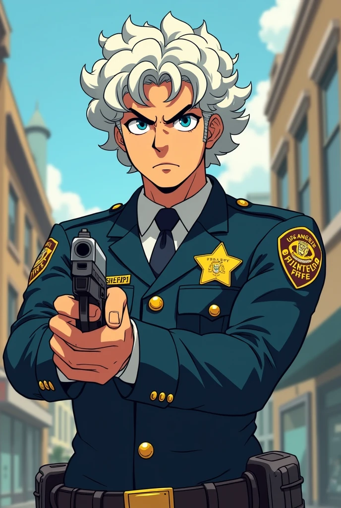 los angeles sheriff, "white" curly hair, anime style drawing (man with serious face) uses a gun