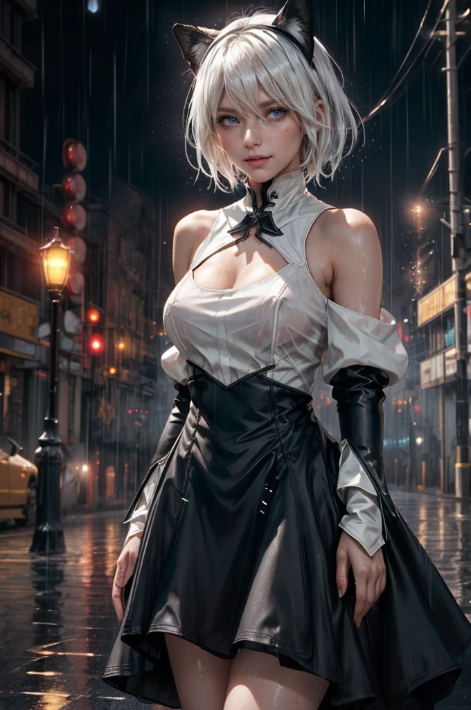 (masterpiece, best quality:1.2), cowboy shot, dynamic pose, weissvale, smile, closed mouth, looking at viewer, long white hair, side ponytail, scar above eye, scar below eye, white dress, jewelry, necklace, earrings, future_urban, indoors, standing inside old church ruins, night, stars, moon, crowd, crowd wearing military uniform, (volumetric lighting), intricate details, tonemapping, sharp focus, hyper detailed
