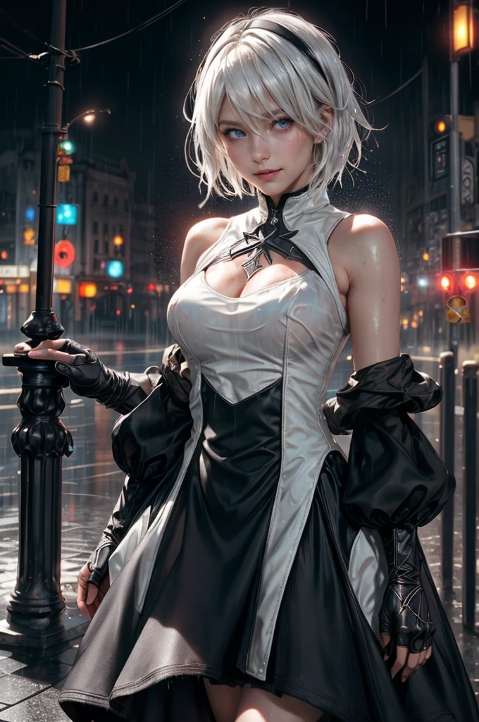 Score_9, score_8_up, score_7_up, Real Source,BREAKUltra-high-definition quality, high detail, sunlight, lens flare, backlighting, holy light, single girl, 2B (Nier: Automata) solo, two breasts, short hair, dress, bare shoulders, medium breasts, closed mouth, upper body, white hair, fox ears matching white hair, sleeveless, misty, black dress, lips, slightly mysterious and seductive smile, wet clothes, depth of field, blurred background, high collar, wet clothes, facing the viewer, rain, sparkling eyes with color reflections (like stars) in red, street, city, people.