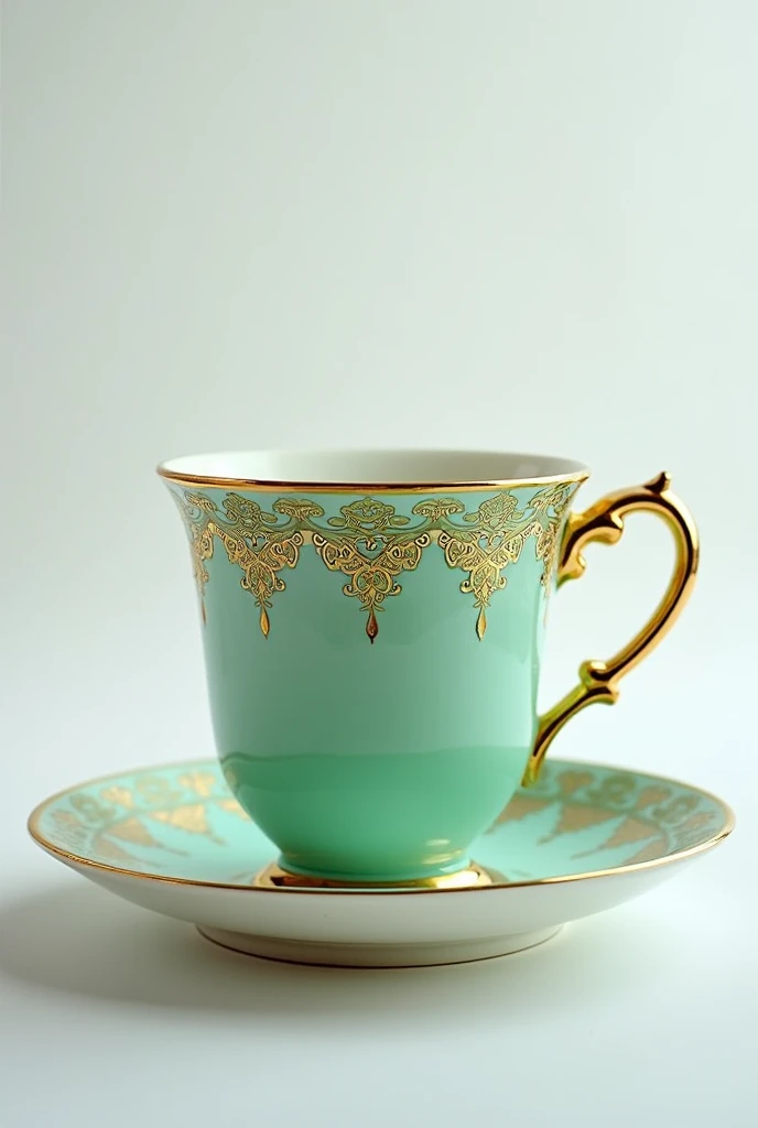 A gracefully ornate coffee cups, intricately adorned with delicate opal green and gold filigree that dances along its ceramic surface. This breathtaking porcelain masterpiece captures the essence of elegance and sophistication, showcasing meticulous craftsmanship and exquisite detail. The vivid colors pop against the white background, creating a visually stunning image that exudes luxury and charm. This captivating depiction is a close-up photograph, immortalizing the beauty of this artful creat