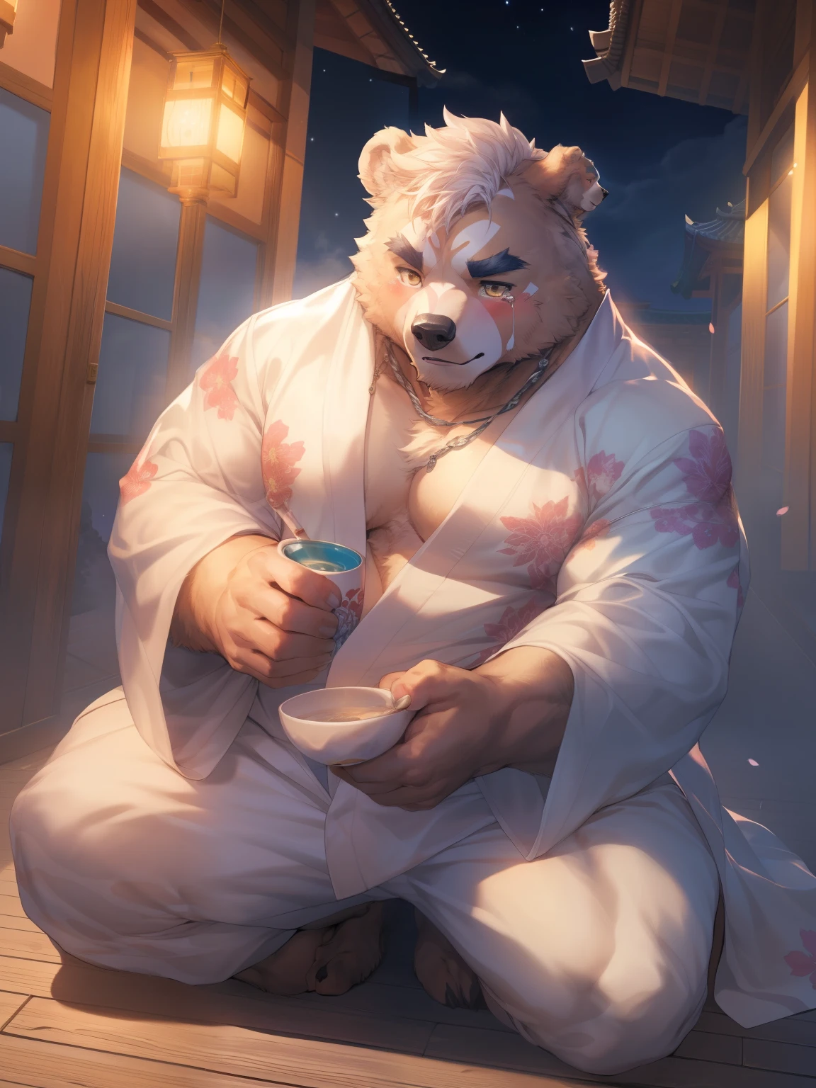 (By Empty Ghost, From thebigslick, By Dark Gem, Will chase), Keyuan Building (Onmyoji Daisenji Temple), High quality photos, Perfect anatomical structure, Anthropomorphic white bear, male, 20 years old, (bear print), Thick eyebrows, short hair, Strong body, Pectoralis major, White Kimono, Cherry blossom pattern embellishment, Small bump, Pink milk clusters, Kneeling on the wooden floor of the courtyard, Drink tea, Sad expression, Tears, blush, Golden pupils, Look up at the audience, Clear facial features, Strong, solitary, Bottom view, Full body portrait, night, Foggy atmosphere, In the classical garden, refreshment, White pebbles can be seen everywhere, wild plants, (By Empty Ghost, From bear20, masterpiece, high quality, high resolution, 8k)