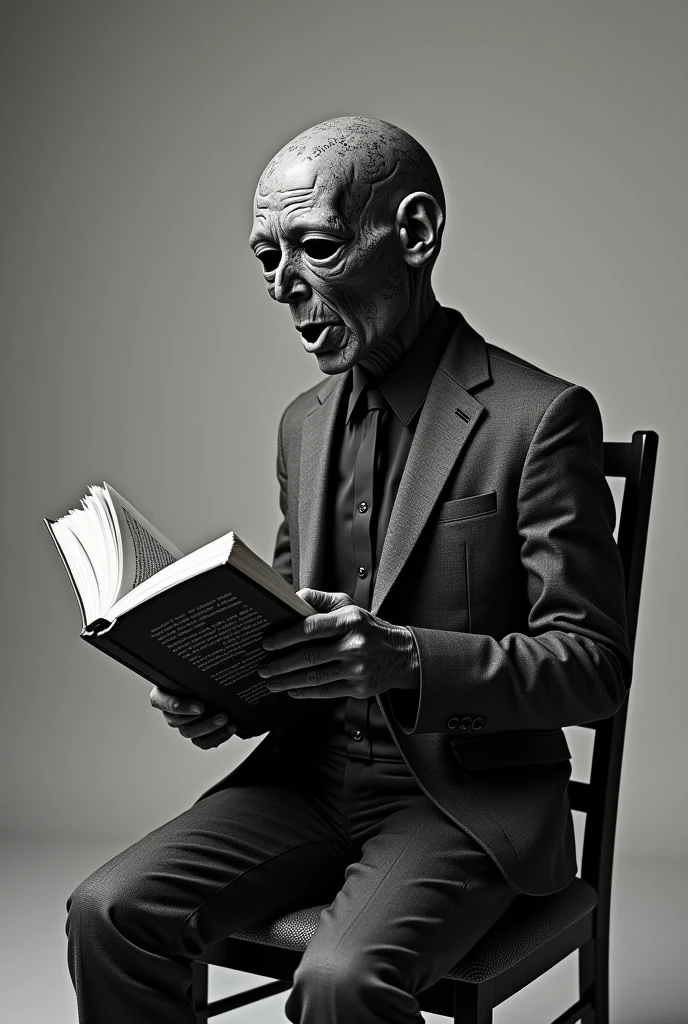 A book reading a human, hd pic, the book is quite shock face, and the human is black and white body and something wrote in his whole body, the book is sitting on a chair 
