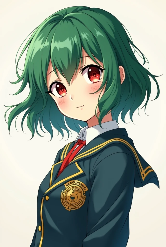 Create a green girl like Izuku Midorilla with the facial features of Katusiki bakugo,  With red eyes and a calm expression I wore the U uniform.A, using the animation style of My hero academia 