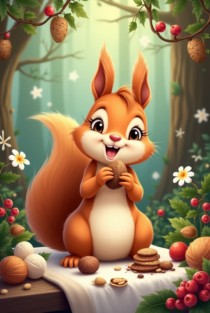 the squirrel is gnawing nuts , picture in the form of an illustration picture for the holiday nut spas, summer 