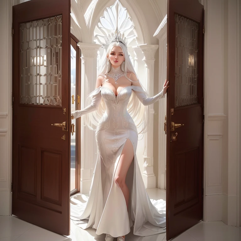 arafed woman in a White dress standing in a doorway, White dress, Sexy dress, extravagant dress, open dress, White dress!! silver hair, irina nordsol kuzmina, beautiful woman in white, elegant White dress, stunning elegant, inspired by Hedy Xandt, Catherine, dressed in beautiful white, beautiful long White dress