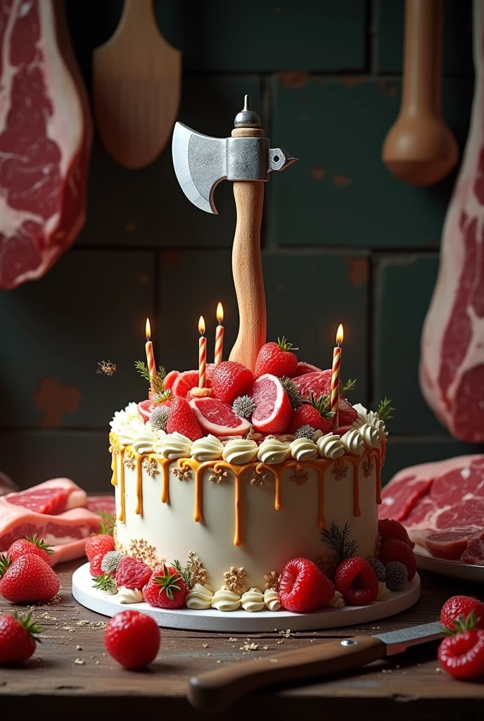 A birthday cake for butchers and you can see over the cake,axe,meat
