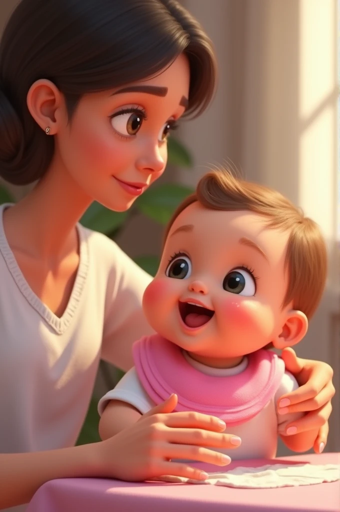 animated hand of a mother wiping the pink drool bib that a baby is wearing and the bib becomes clean