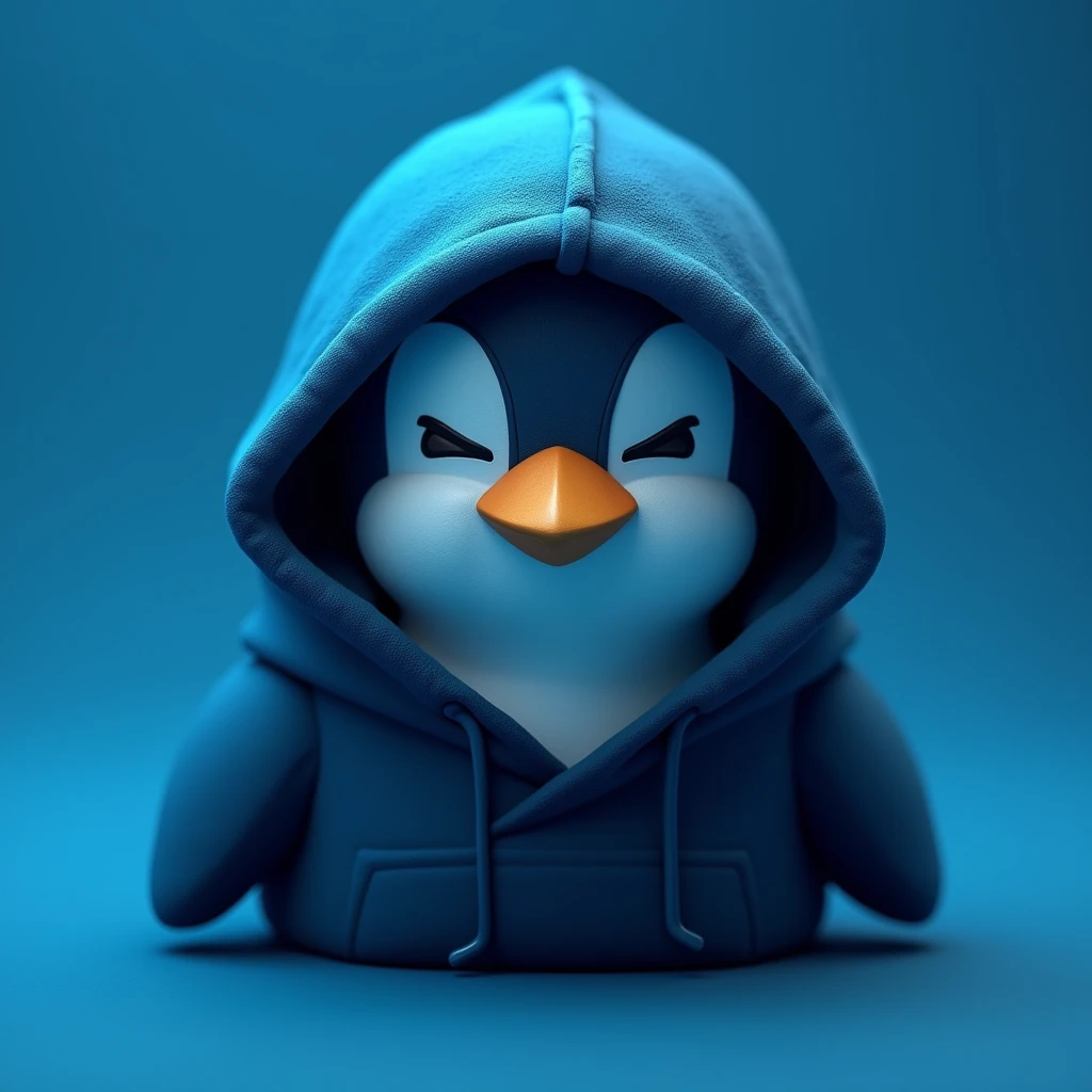 Resistance penguin coin , black hoodie , blue penguin , blue background , cute , eyes closed , mysterious , head bowed , only head , angry face