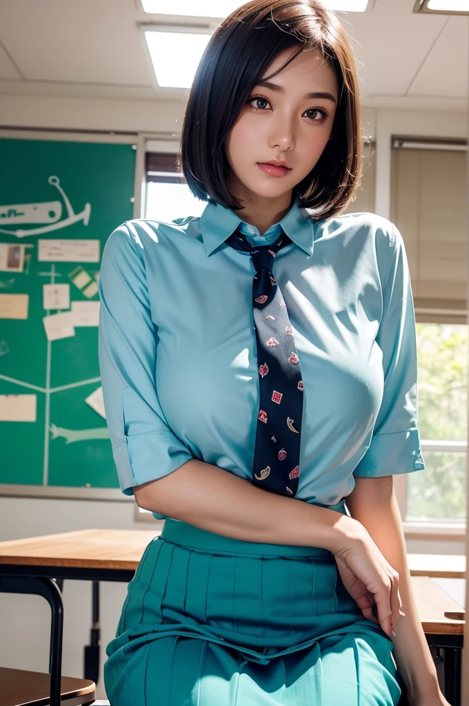 (Ultra-realistic), (figure), (High resolution), (8k), (Very detailed), (Best figure), (Beautiful and detailed), (Highest quality), (Super detailed), (masterpiece), (wallpaper), (Detailed face), alone, One Girl, watching viewer、(High resolution),(High resolution),(High resolution),(8k), One girl, Luna_maya、A young woman is sitting on a desk in a classroom. She has a short, straight bob haircut and is posing with her arms resting on the desk, slightly leaning forward. Large round breasts. Oily skin. Her expression is playful, with her lips puckered as if she is making a "duck face" expression.
She is wearing a school uniform that consists of:
- **Shirt:** A light blue or white short-sleeve button-up shirt with a patch of the Indonesian flag on the left side of her chest.
- **Skirt:** A teal or turquoise knee-length skirt.
- **Tie:** A teal or turquoise tie, matching the color of the skirt.
The background shows a classroom setting with wooden desks and chairs. The lighting is natural, likely coming from the windows behind her. Extreme close-up shot, Shot from below,