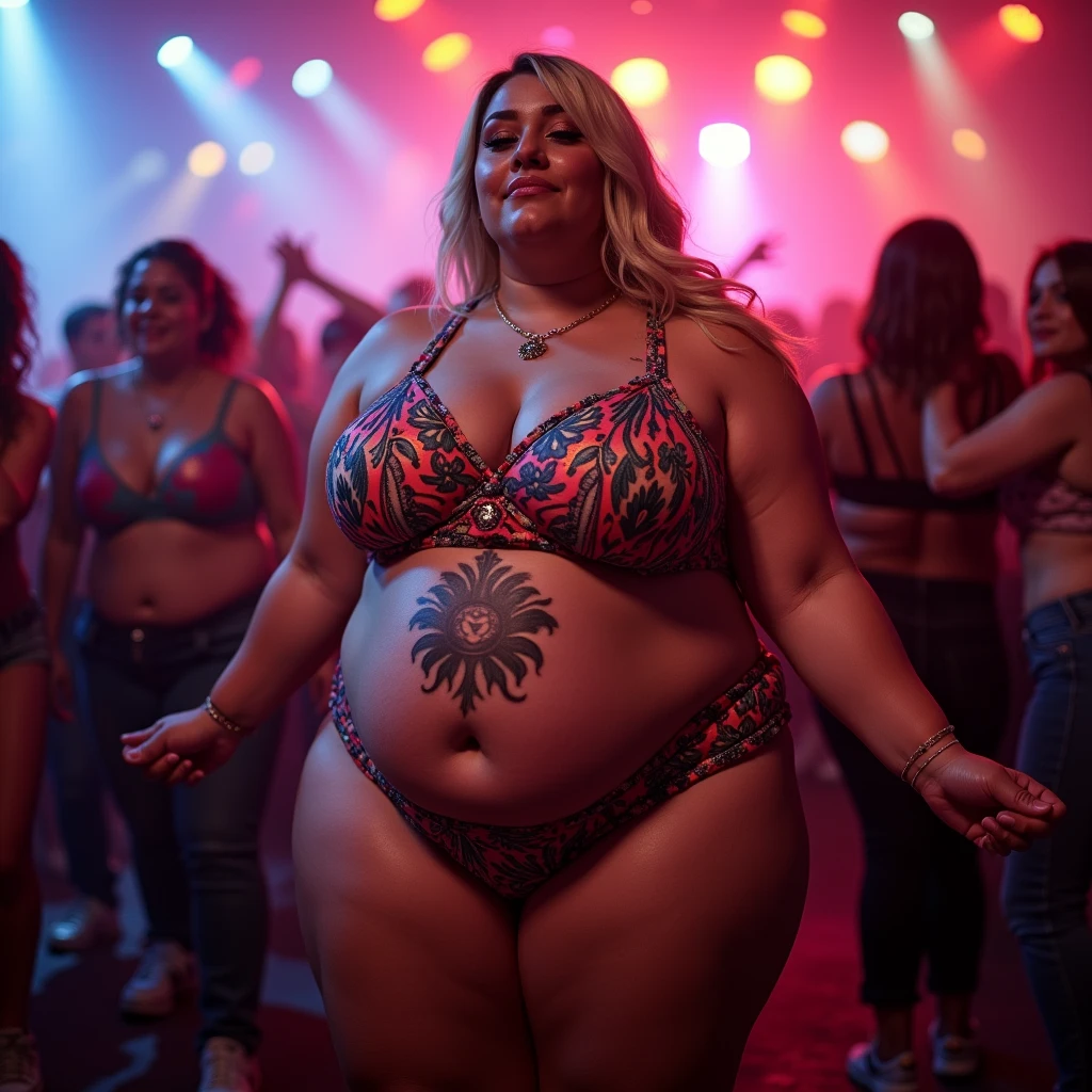 Plus size model woman is obese and fat, 150kg, with a lot of belly fat, she gained weight by eating too much, she is an obese plus size model with a very big belly, her belly is bulging and covered with a lot of fat, she has blonde hair, a saggy belly, wearing a colorful outfit, she has a tattoo around her navel, she is swaying to upbeat music in a nightclub, 4K quality, low angle