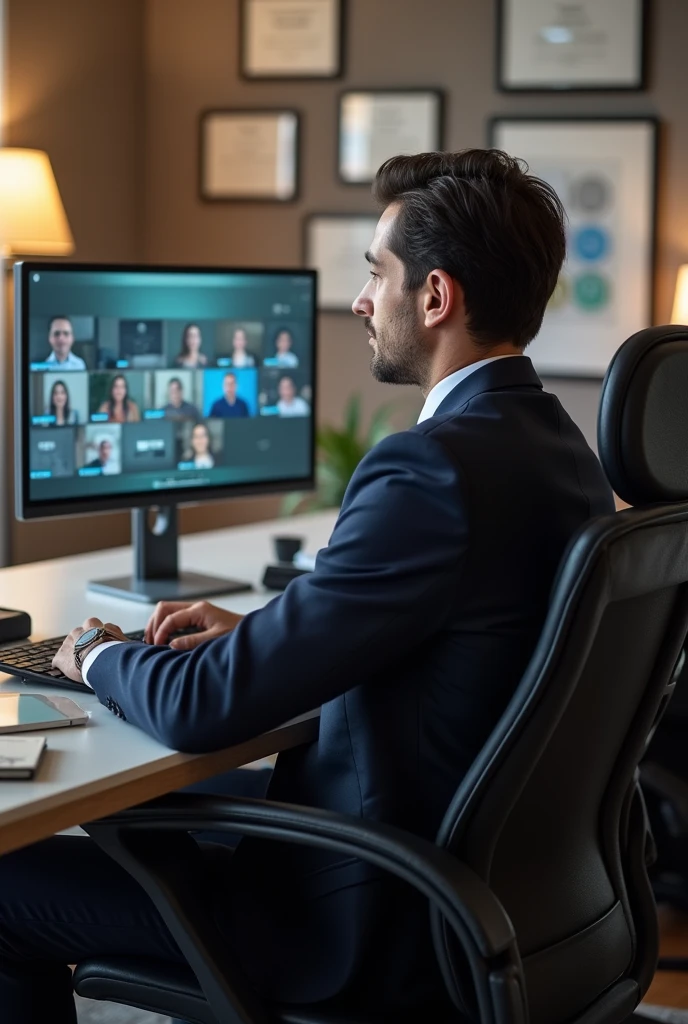 Corporate your sitting on their office chair and teacher taking online session using Google meet 