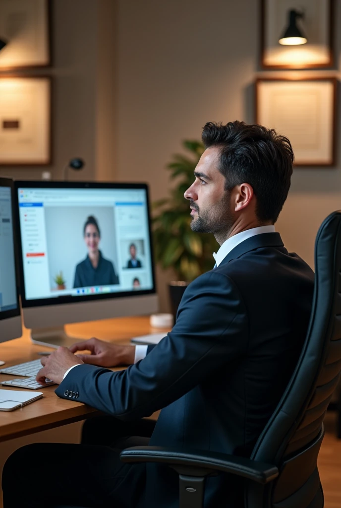 Corporate your sitting on their office chair and teacher taking online session using Google meet