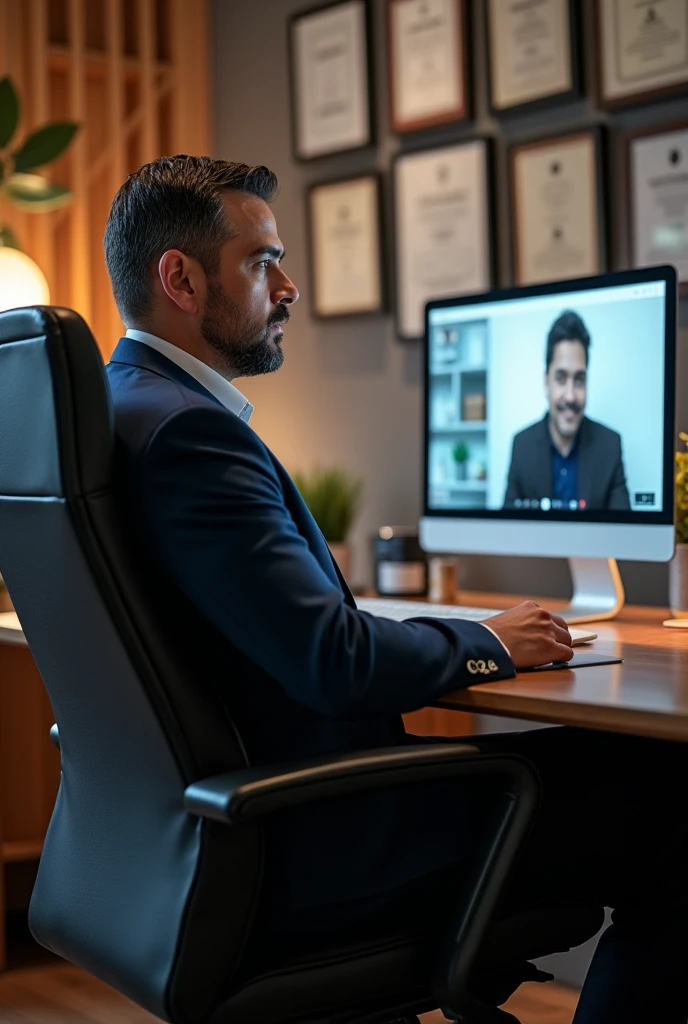 Corporate your sitting on their office chair and teacher taking online session using Google meet