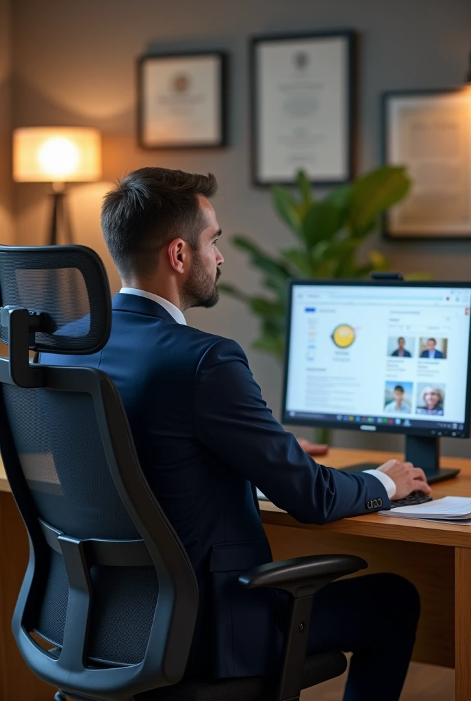 Corporate your sitting on their office chair and teacher taking online session using Google meet 