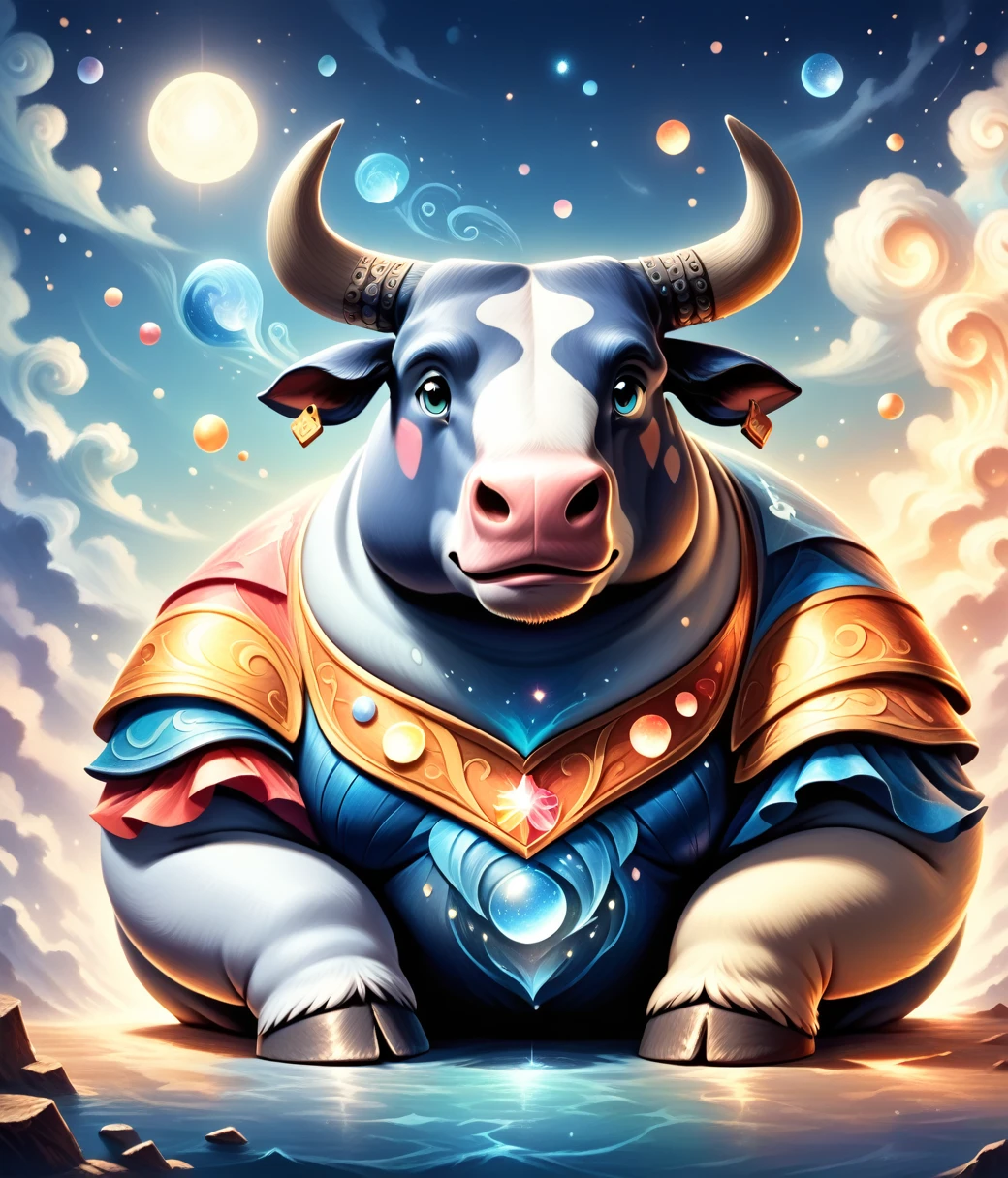 (cute, fat, obese, anthro, male, bull), DonM34r7h3l3XL, fullbody, adorable, magical oasis, fantasy, night time, moonlight, magical, extremely detailed, beautiful,whimsical, hires textures, highly detailed, intricate details, best quality, masterpiece, bright lighting, detailxl