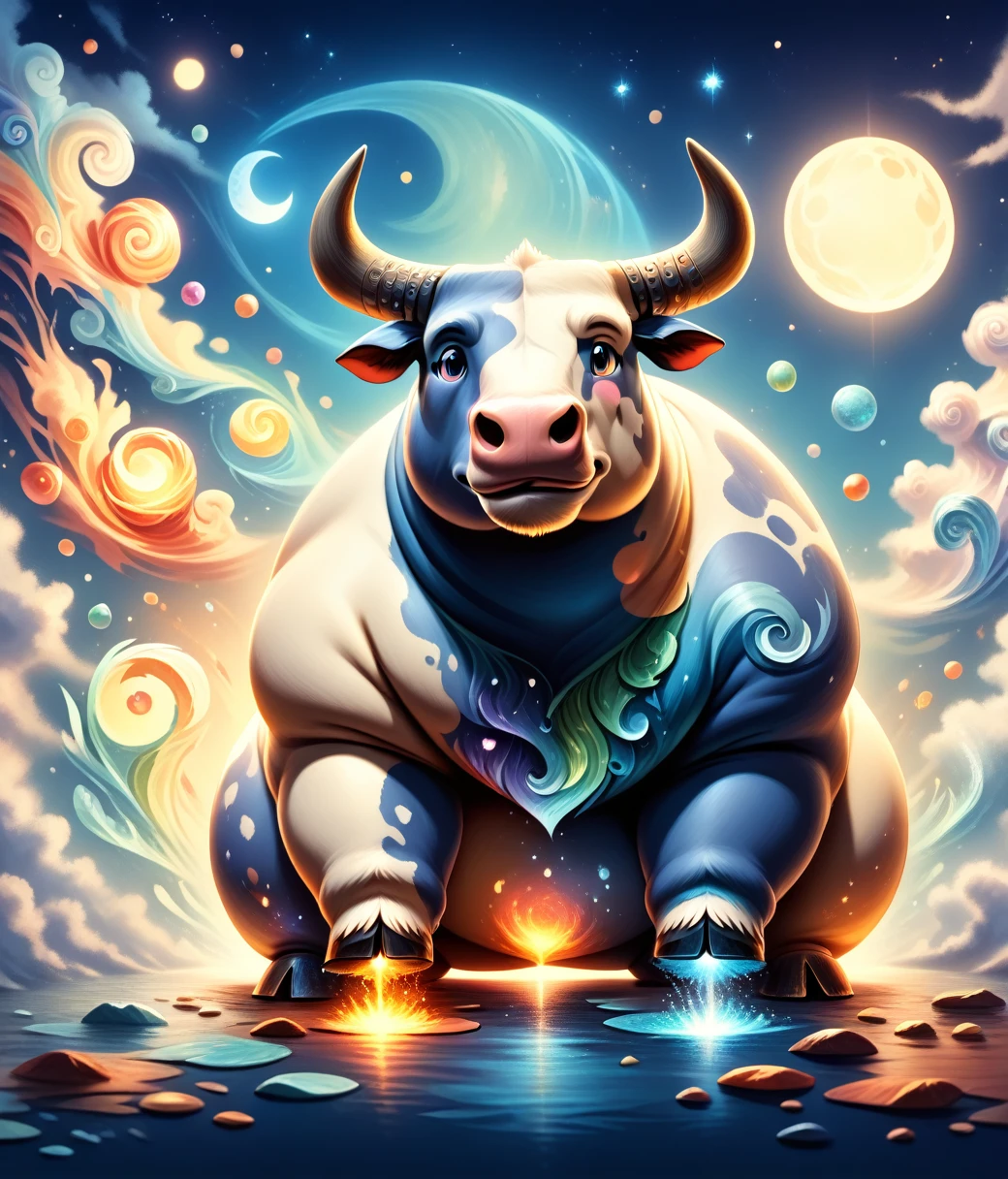 (cute, fat, obese, anthro, male, bull), DonM34r7h3l3XL, fullbody, adorable, magical oasis, fantasy, night time, moonlight, magical, extremely detailed, beautiful,whimsical, hires textures, highly detailed, intricate details, best quality, masterpiece, bright lighting, detailxl