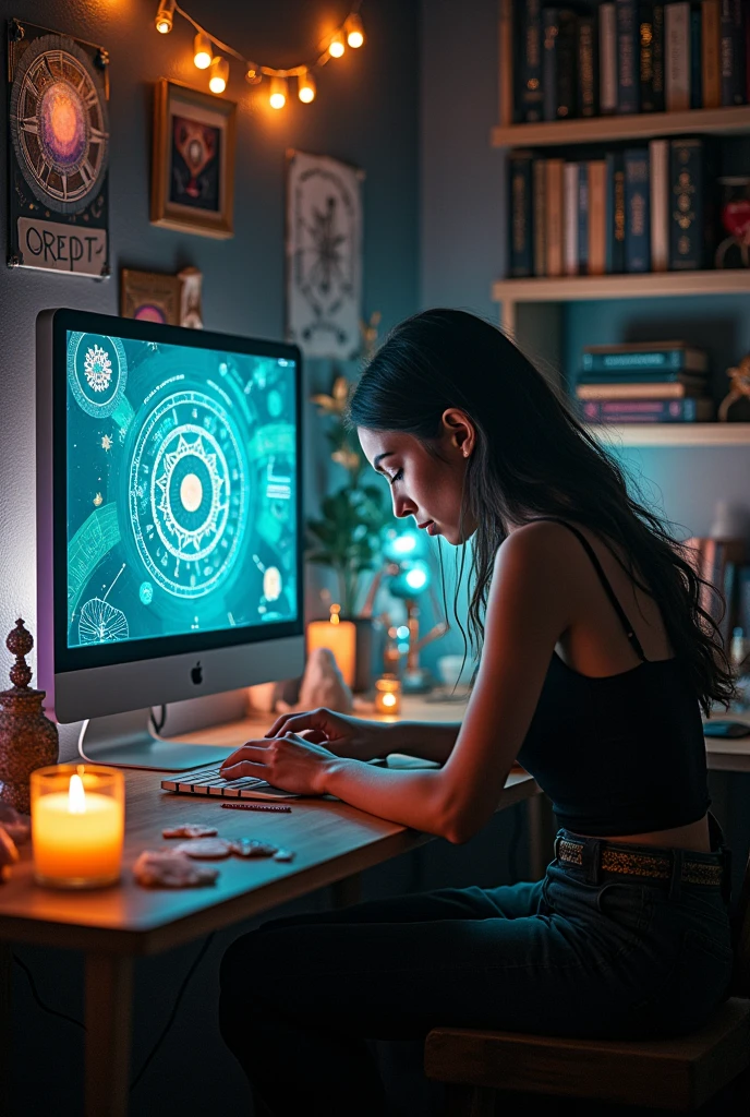 The image shows a woman sitting at a desk, surrounded by screens displaying astrological circles and mandalas in shades of blue and violet. She holds a mobile phone while working on a computer, in an environment that combines technology and esotericism. The desk is full of glass, amulets, and lit candles gently illuminating the scene, while on the wall behind her hang astrological symbols and a large illuminated circle. The room, decorated with a bookshelf full of books and more crystals, It has a mystical and welcoming air.