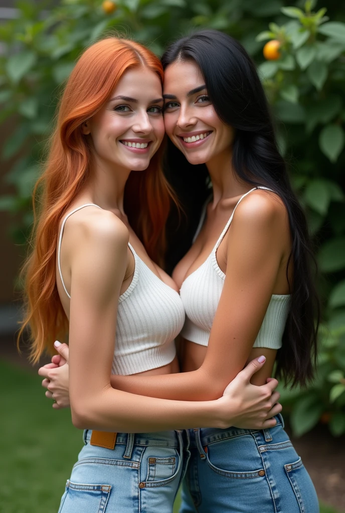 ultra realistic, photography, two girls: one with long straight red hair, (30 years old, hourglass figure, perfect body, natural medium breasts), the other one: long black straight hair, (30 years old, hourglass figure, perfect fit body, natural big breasts), perfect round cleavage, they are wearing casual outfits, they are standing in a backyard, they hug each other and smile