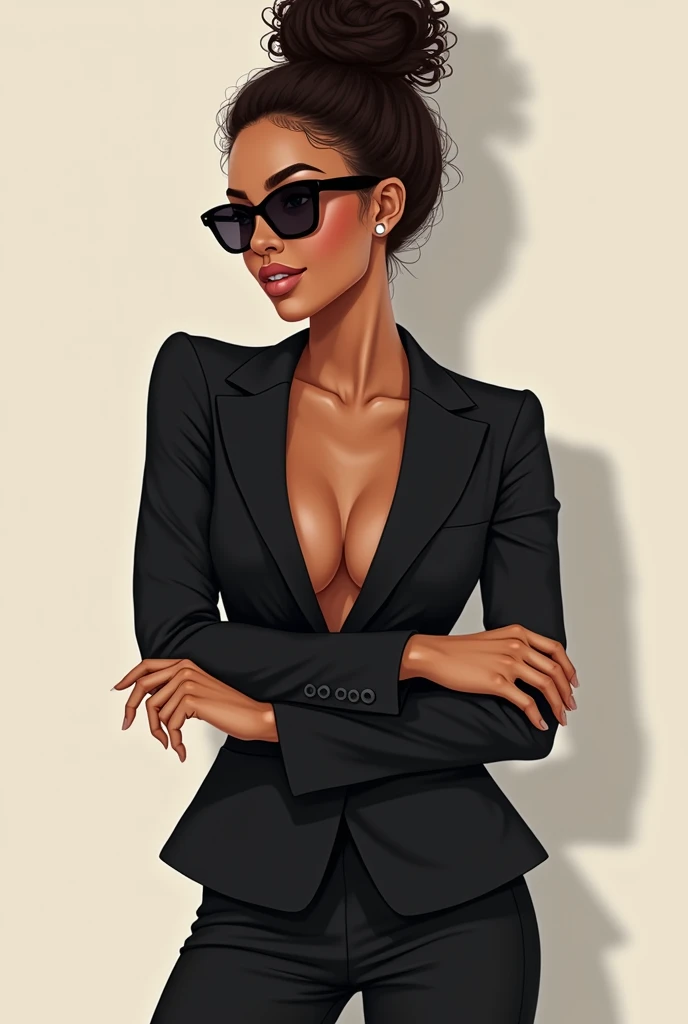 Medium cut beautiful 24 year old businesswoman , curly hair tied up in a bun, wearing a black suit with his arm to the left with his hand open near his shoulder, sunglasses on his black eyes, Natural Lips, Brown skin color, hourglass body, natural body, 2d illustration effect