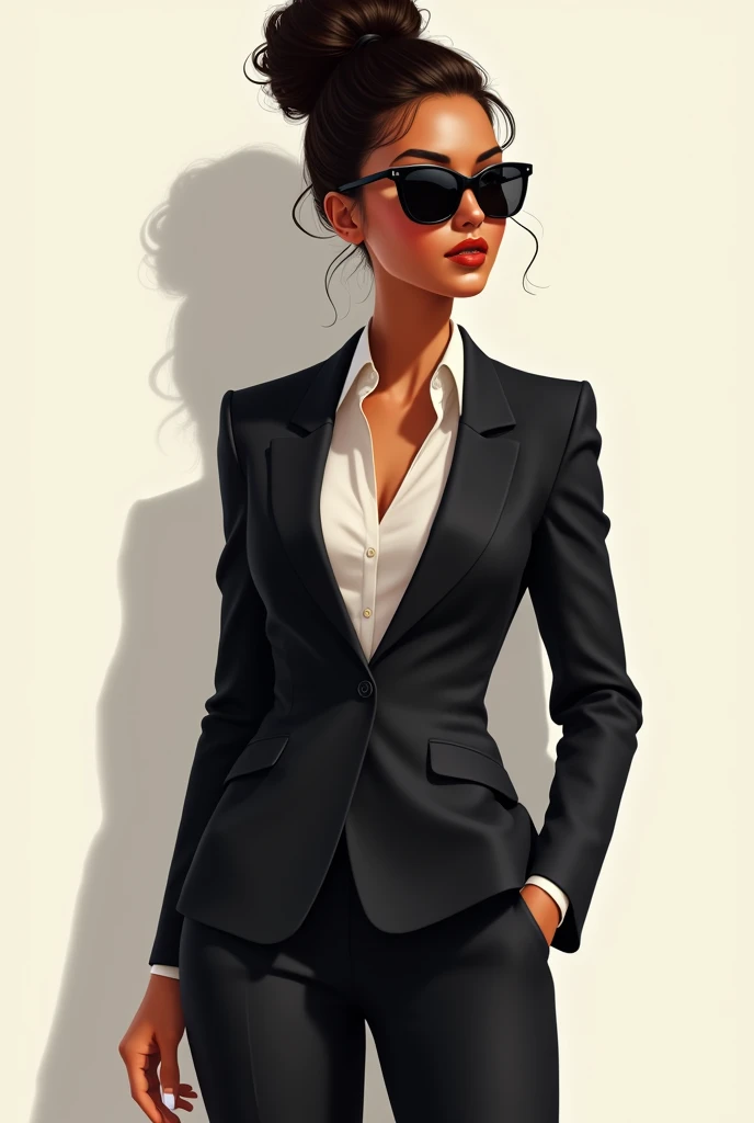 Medium cut beautiful 24 year old businesswoman , curly hair tied up in a bun, wearing a black suit with his arm to the left with his hand open near his shoulder, sunglasses on his black eyes, Natural Lips, Brown skin color, hourglass body, natural body, 2d illustration effect