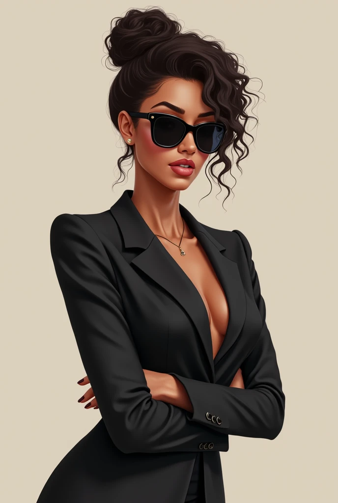 Medium cut beautiful 24 year old businesswoman , curly hair tied up in a bun, wearing a black suit with his arm to the left with his hand open near his shoulder, sunglasses on his black eyes, Natural Lips, Brown skin color, hourglass body, natural body, 2d illustration effect