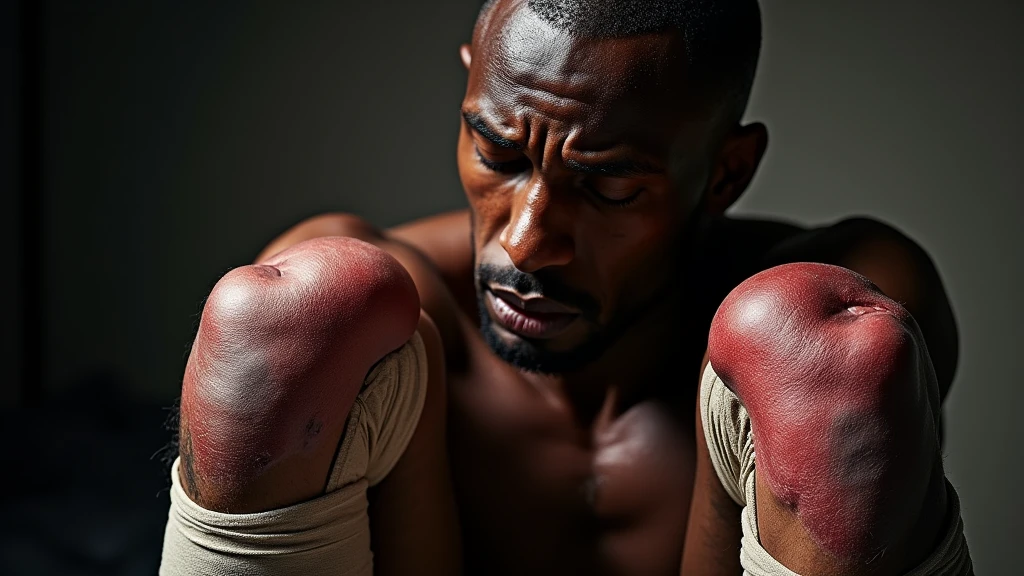 "A close-up shot of Kamaru Usman’s severely damaged knees, emphasizing the scar tissue and inflammation. The knees are wrapped in bandages, with a stark contrast between his muscular upper body and his weakened legs. The lighting is harsh, highlighting the pain etched on his face as he contemplates the constant struggle    