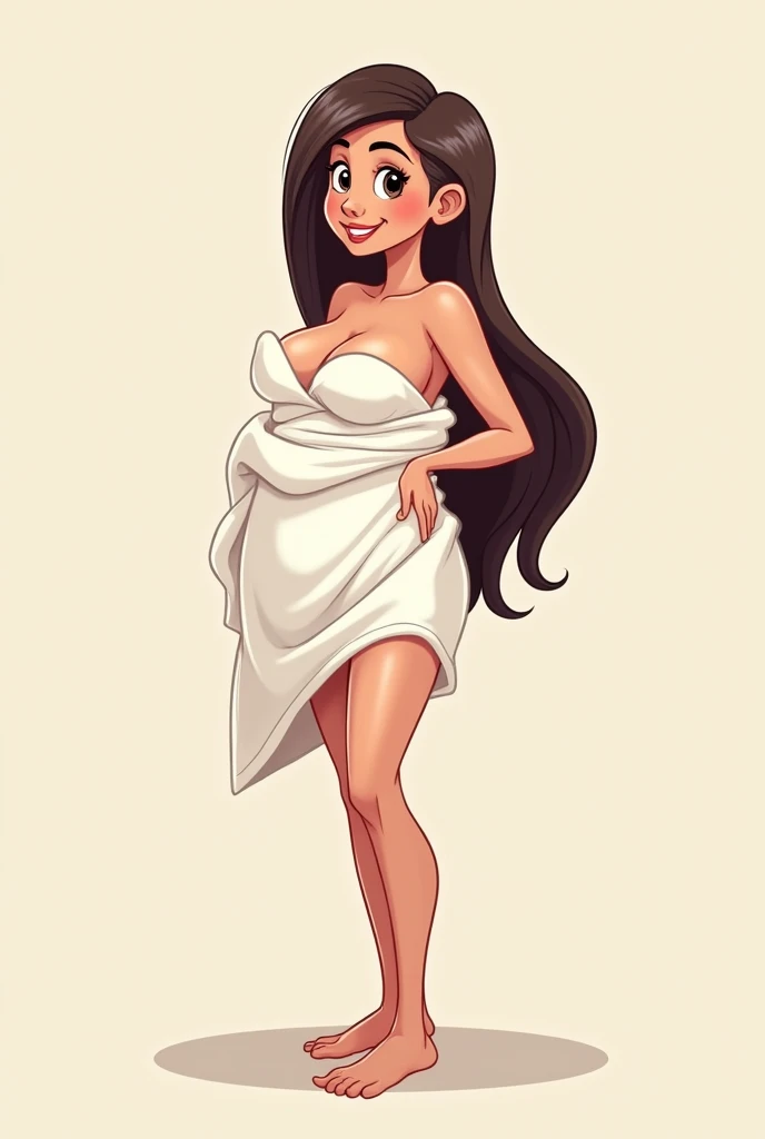Create a cartoon-style female character , the character must have large breasts , must be wrapped in a towel with one breast exposed, must be thin and have long hair.