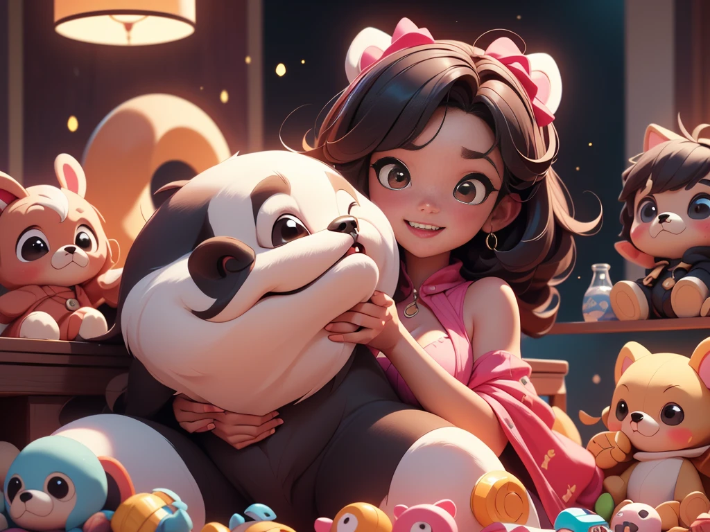 Adorable black shih tzu puppy holds a stuffed animal, Sit in a room full of toys, cabelos preto e longos, cheerfulness, Rejoice, Perfect quality, Clear focus(Clutter - home:0.8), (tmasterpiece:1.2) (realisticlying:1.2) (Bokeh) (best qualtiy) (detailedskin:1.3) (complexdetails) (8K) (detailedeyes) (Sharp focus), (having fun)closeup cleavage, Luminism, cinematic lighting, wide shot, retina, textured skin, anatomically correct, best quality, award winning