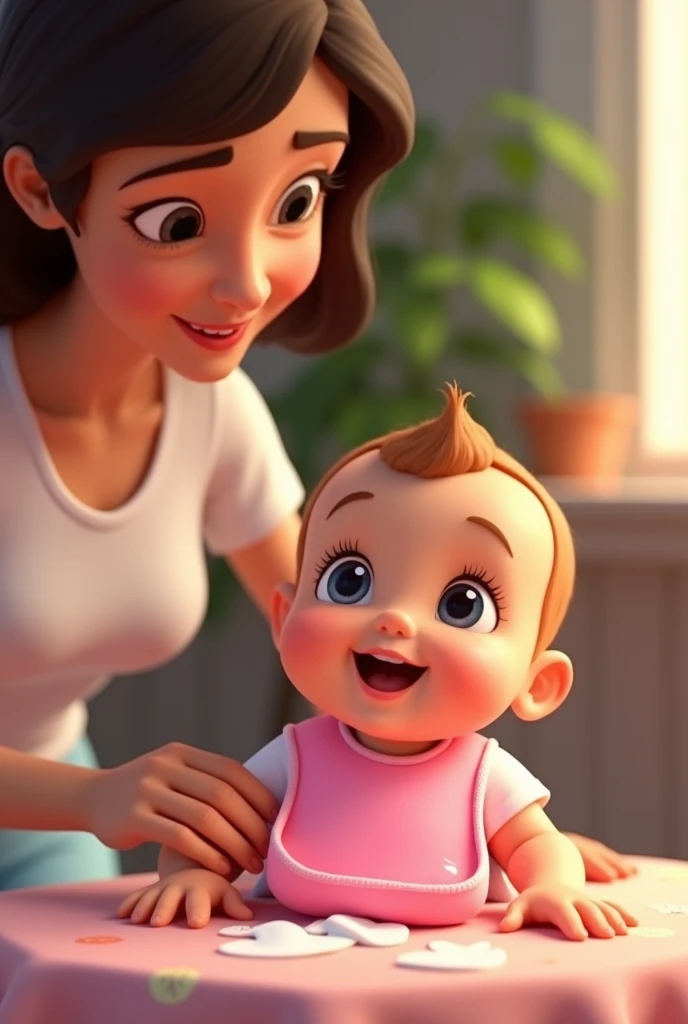 animated hand of a mother wiping the pink drool bib that a baby is wearing and the bib becomes clean