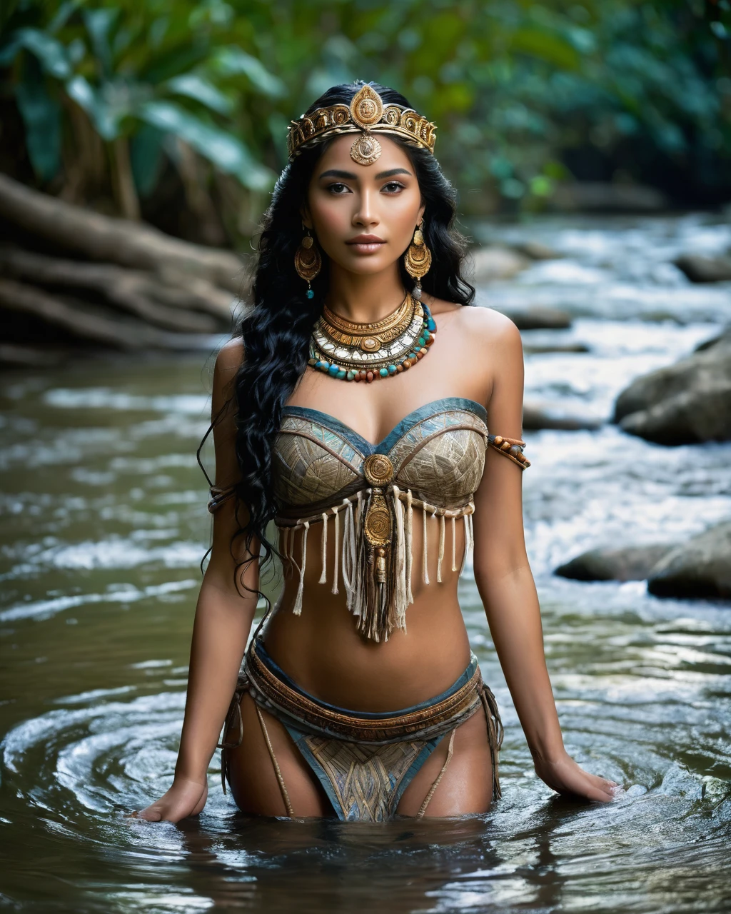 mayan princess, very beautiful, whole body, VERY SEXY, sensual posture, coming out of a river, goddess body, photographic quality 