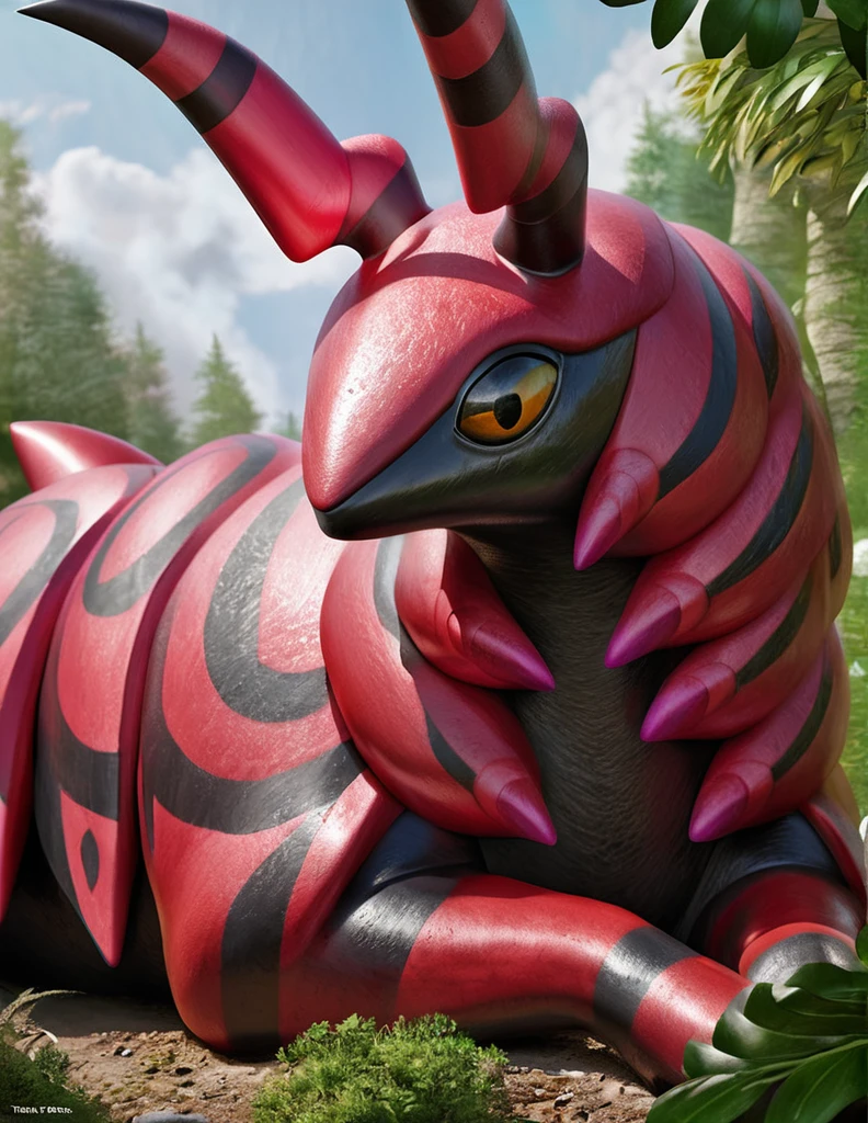 (best quality,4k,8k,highres,masterpiece:1.2),ultra-detailed,(realistic,photorealistic,photo-realistic:1.37),giant pokemon scolipede, sleepy, highly detailed scolipede, extremely detailed scolipede, scolipede in a natural environment, surrounded by lush foliage, by taran fiddler