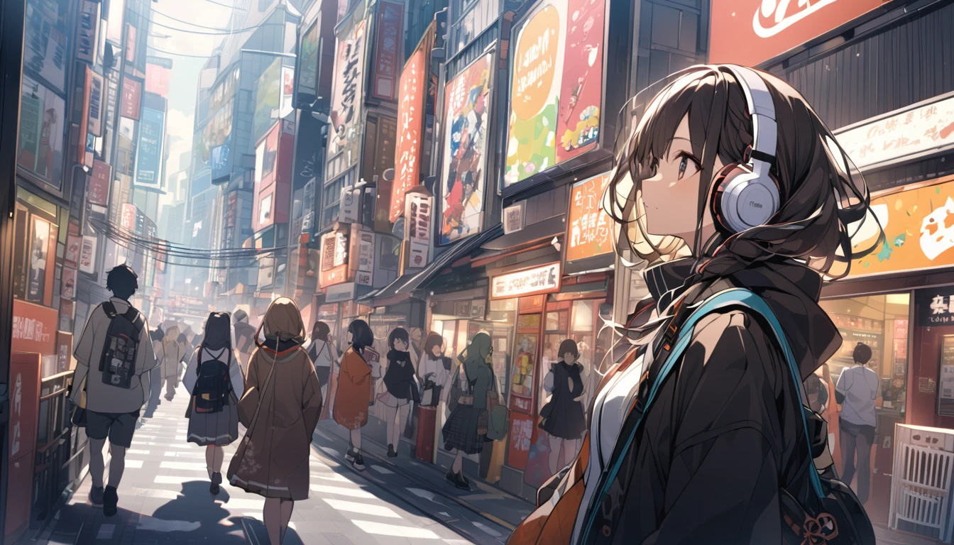 Sightseeing in Akihabara, Tokyo、Dark haired woman in headphones,Streetscape、listen to music、Japanese