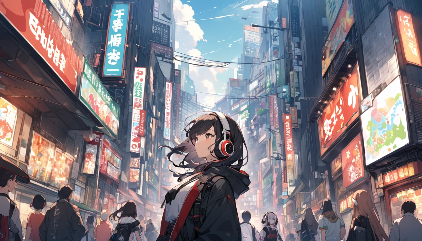 Sightseeing in Akihabara, Tokyo、Dark haired woman in headphones,Streetscape、listen to music、Japanese