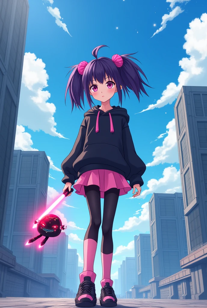 anime poster a girl with dark purple hair and two pink streaks on her bangs, wearing a black sweatshirt, a short pink skirt and black leggings, pink socks and black shoes is standing against the background of a futuristic city, a small strawberry-shaped robot is flying next to her in his hand he holds a pink-red energy blade above it I find the inscription "Anime Legends: The Last Knight".