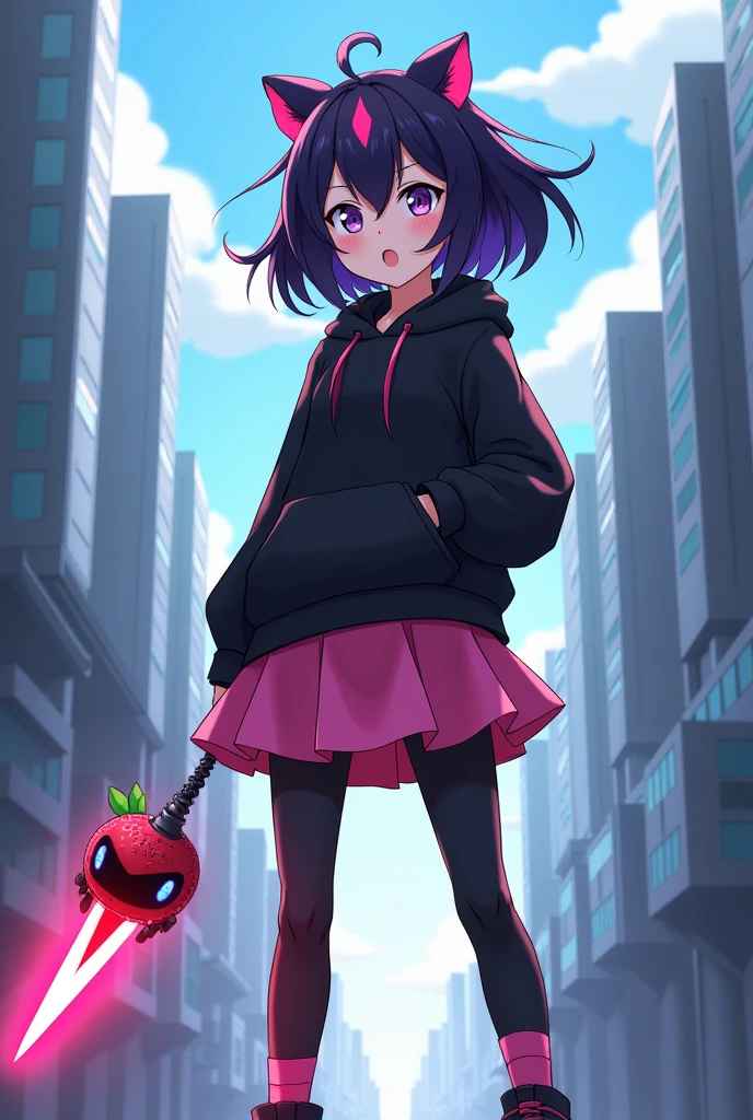 anime poster a girl with dark purple hair and two pink streaks on her bangs, wearing a black sweatshirt, a short pink skirt and black leggings, pink socks and black shoes is standing against the background of a futuristic city, a small strawberry-shaped robot is flying next to her in his hand he holds a pink-red energy blade above it I find the inscription "Anime Legends: The Last Knight".