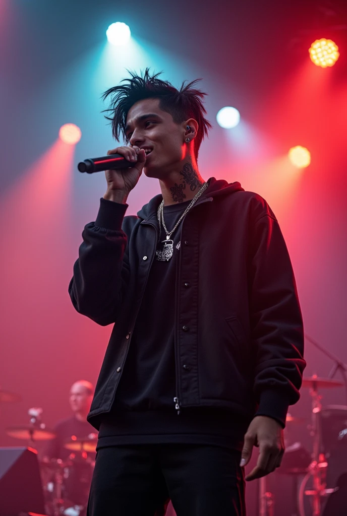 Teen age rapper sing a song in stag.he look is black colour hair and brust fade hair cut.And also tattoo in his neck and hand